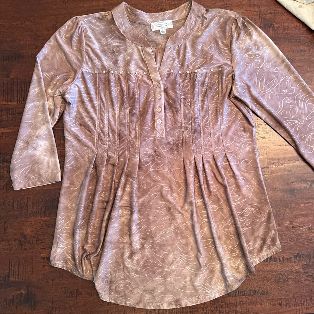 Shannon Ford New York Womens Brown Blouse Top 3/4 Sleeve Relax Fit Sz Small New